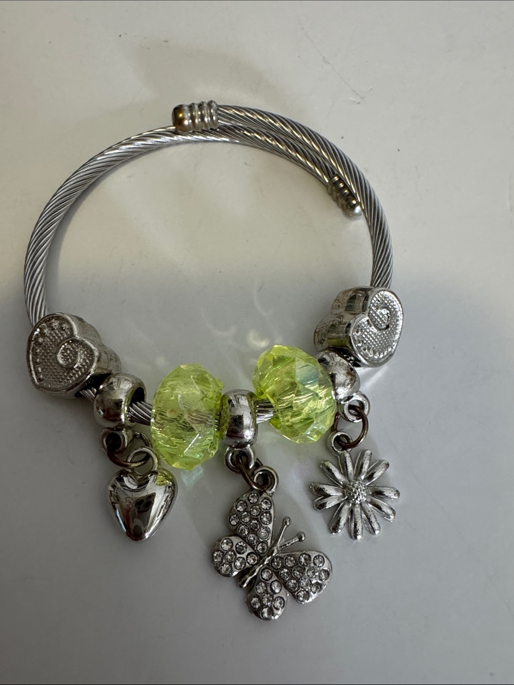 Silver Cable Charm Bracelet with Lime Green Crystal Beads